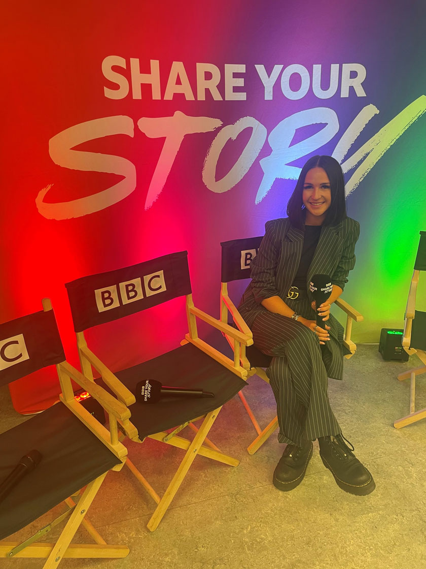 Picture of Katy sitting in the BBC careers tour studio