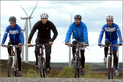 Chris Hoy leads Scottish Cycling's 'Go Ride' team who were promoting safe cycling at the Black Law windfarm open day.